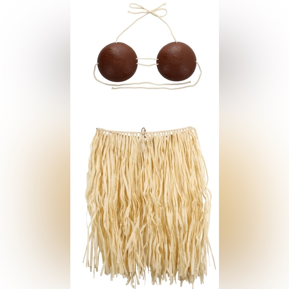 2pc Brown coconut Plastic Luau Bikini‎ Tops and tan faux straw luau skirt new